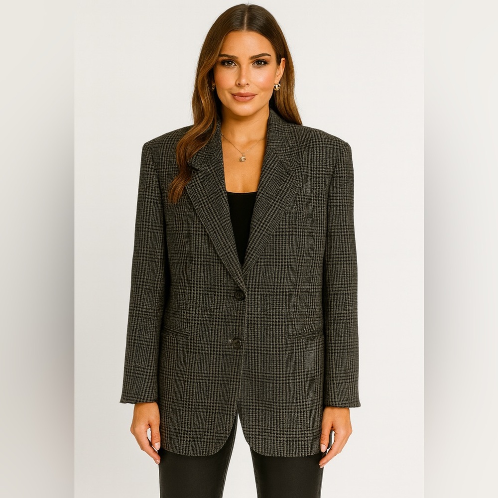 Oscar de la Renta Black and Gray Plaid Blazer